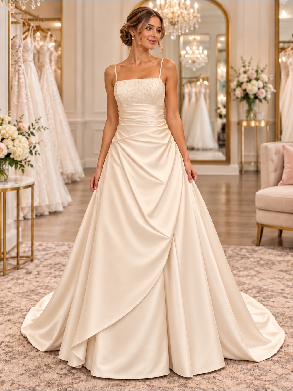 DaVinci Champagne Beaded Sequin Wedding Dress NWT Size 12 Long Train Bridal Gown